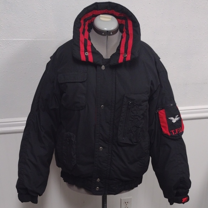 Triple FAT Goose Stylish Black Bomber Jacket With Red Accents Multiple Pockets
